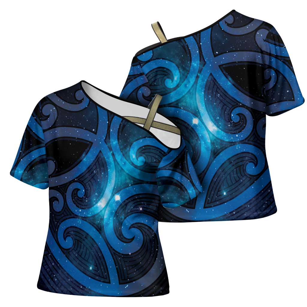 New Zealand Maori Matariki Cross Shoulder Shirt Galaxy Kowhaiwhai