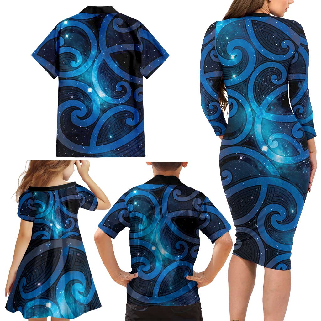 New Zealand Maori Matariki Family Matching Long Sleeve Bodycon Dress and Hawaiian Shirt Galaxy Kowhaiwhai LT7 - Polynesian Pride