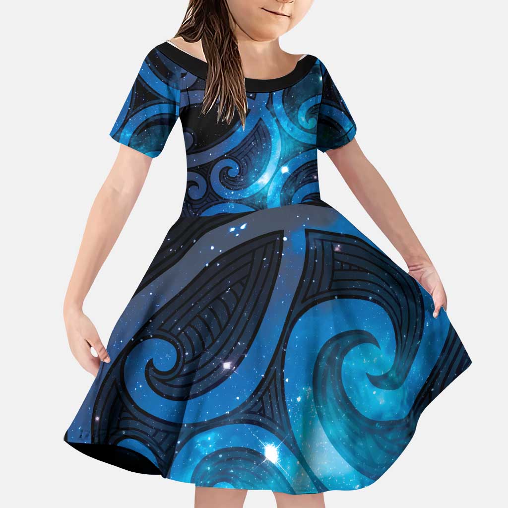 New Zealand Maori Matariki Family Matching Puletasi and Hawaiian Shirt Galaxy Kowhaiwhai LT7 Daughter's Dress Galaxy - Polynesian Pride