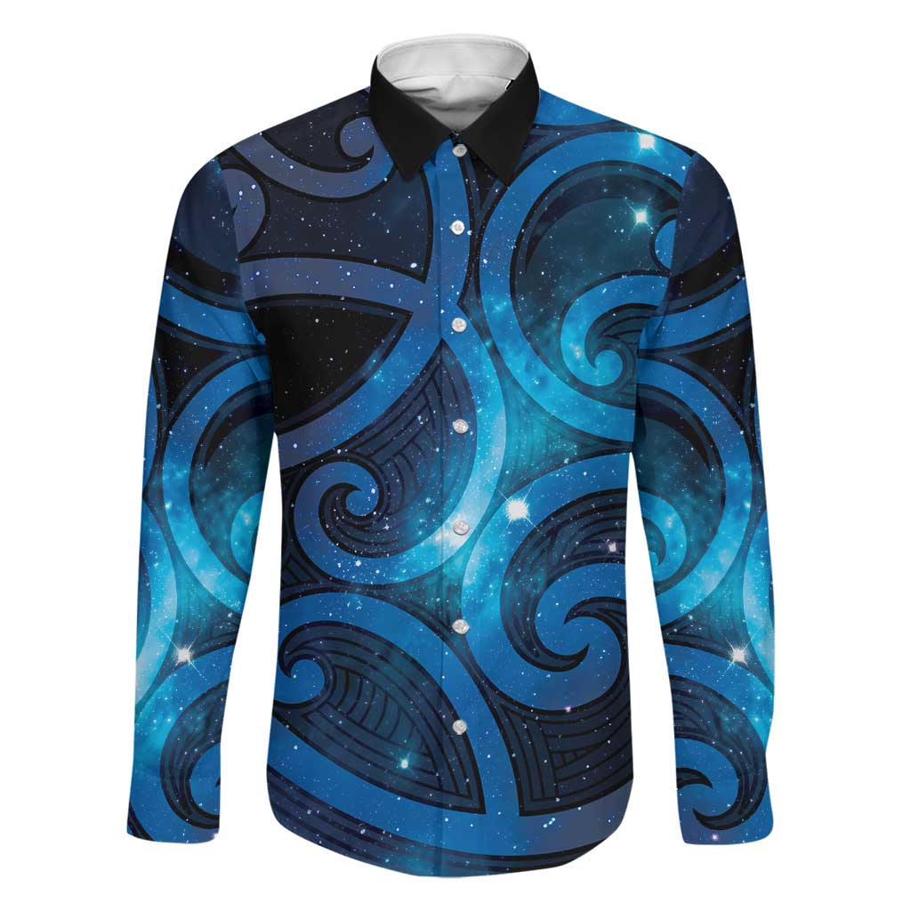 New Zealand Maori Matariki Family Matching Tank Maxi Dress and Hawaiian Shirt Galaxy Kowhaiwhai LT7 Dad's Shirt - Long Sleeve Galaxy - Polynesian Pride