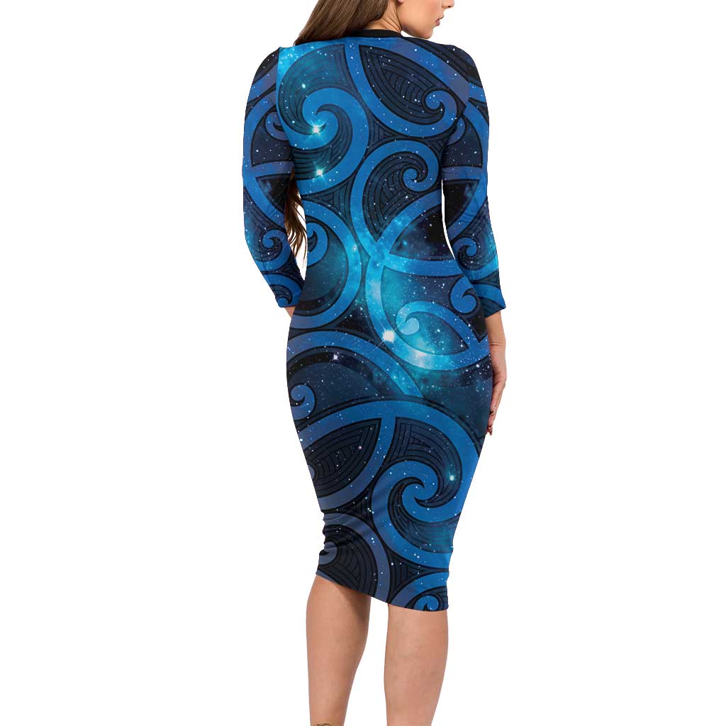 New Zealand Maori Matariki Long Sleeve Bodycon Dress Galaxy Kowhaiwhai LT7 - Polynesian Pride