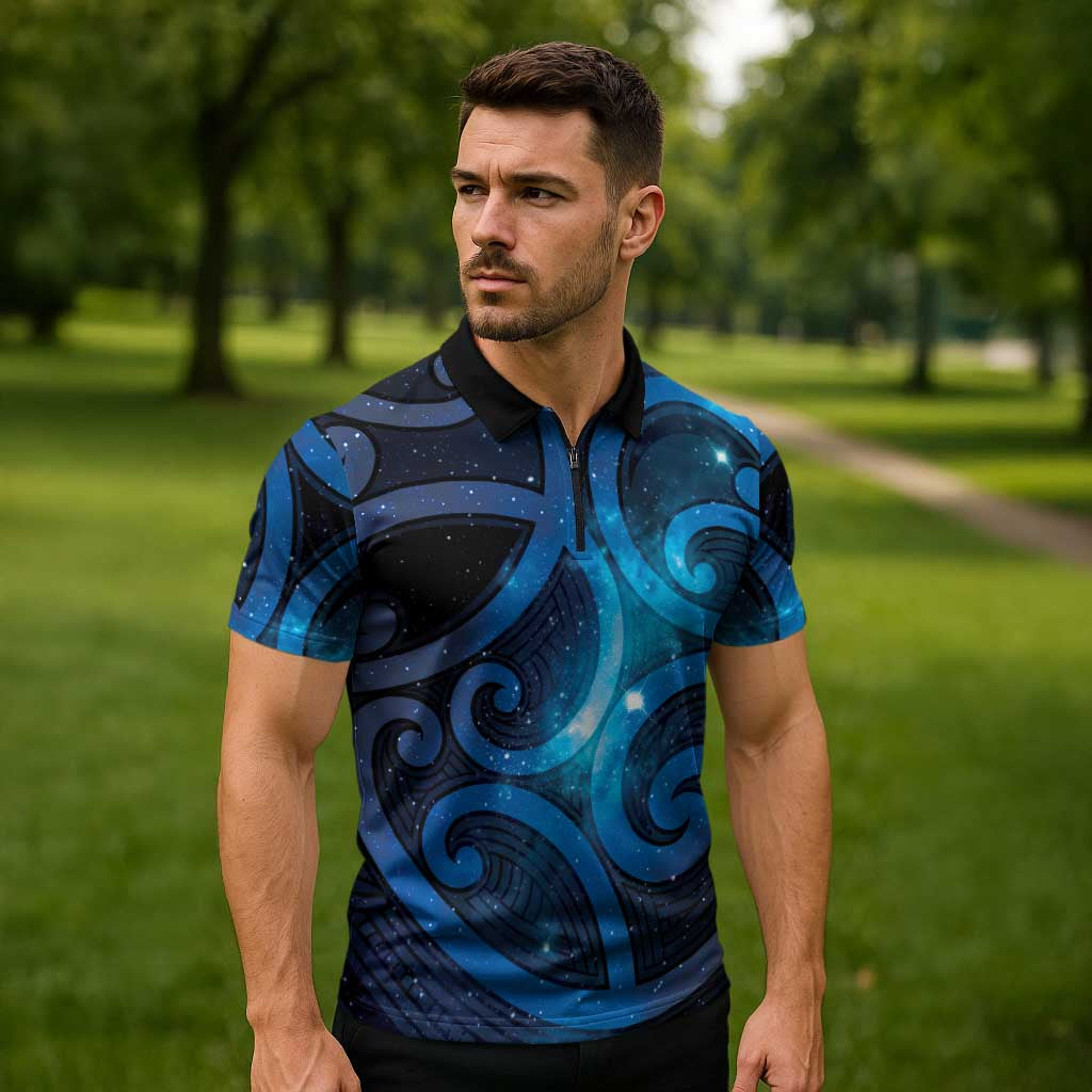 New Zealand Maori Matariki Zipper Polo Shirt Galaxy Kowhaiwhai LT7 - Polynesian Pride