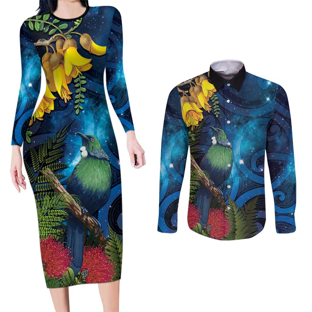 Tui Bird New Zealand Starry Sky Couples Matching Long Sleeve Bodycon Dress and Long Sleeve Button Shirt Maori Koru LT7 Galaxy - Polynesian Pride