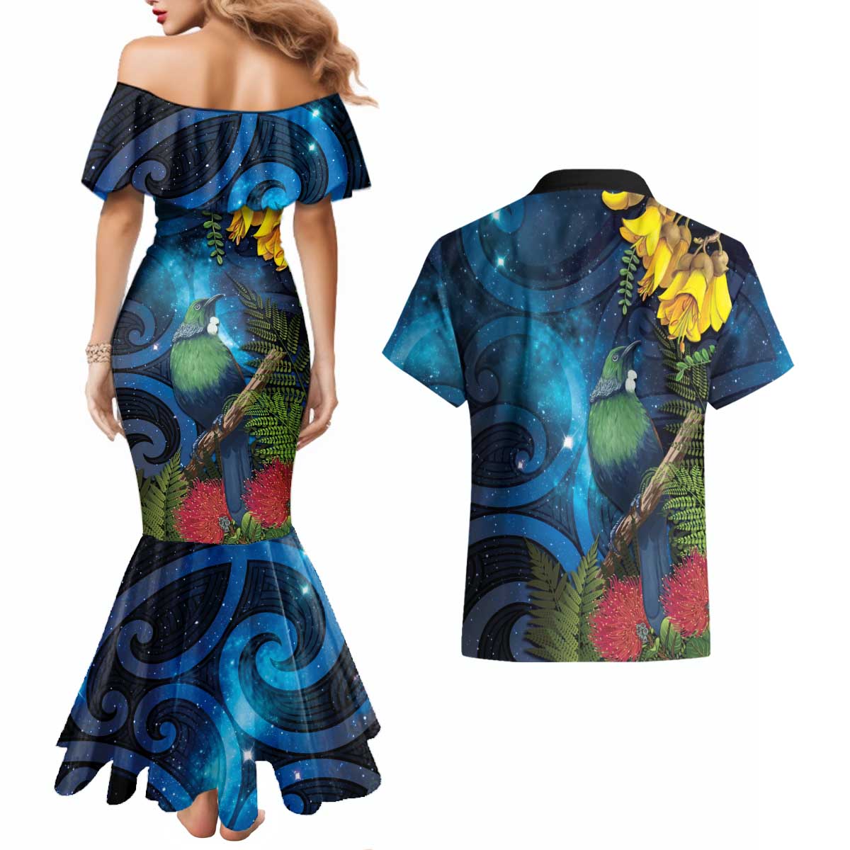 Tui Bird New Zealand Starry Sky Couples Matching Mermaid Dress and Hawaiian Shirt Maori Koru LT7 - Polynesian Pride