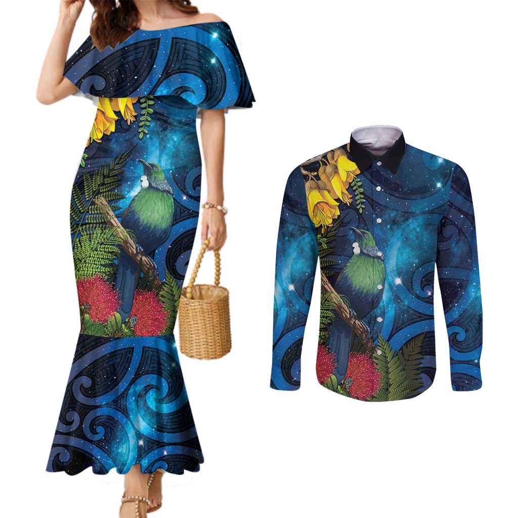 Tui Bird New Zealand Starry Sky Couples Matching Mermaid Dress and Long Sleeve Button Shirt Maori Koru LT7 Galaxy - Polynesian Pride