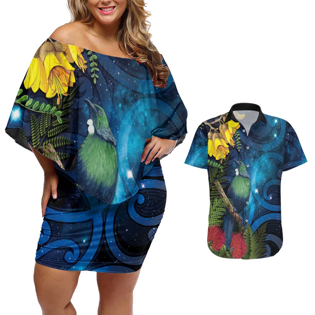 Tui Bird New Zealand Starry Sky Couples Matching Off Shoulder Short Dress and Hawaiian Shirt Maori Koru LT7 Galaxy - Polynesian Pride