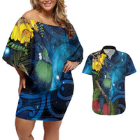 Tui Bird New Zealand Starry Sky Couples Matching Off Shoulder Short Dress and Hawaiian Shirt Maori Koru LT7 Galaxy - Polynesian Pride
