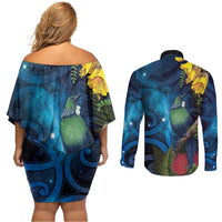 Tui Bird New Zealand Starry Sky Couples Matching Off Shoulder Short Dress and Long Sleeve Button Shirt Maori Koru LT7 - Polynesian Pride