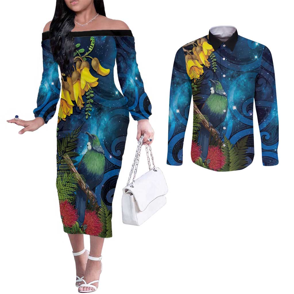 Tui Bird New Zealand Starry Sky Couples Matching Off The Shoulder Long Sleeve Dress and Long Sleeve Button Shirt Maori Koru LT7 Galaxy - Polynesian Pride