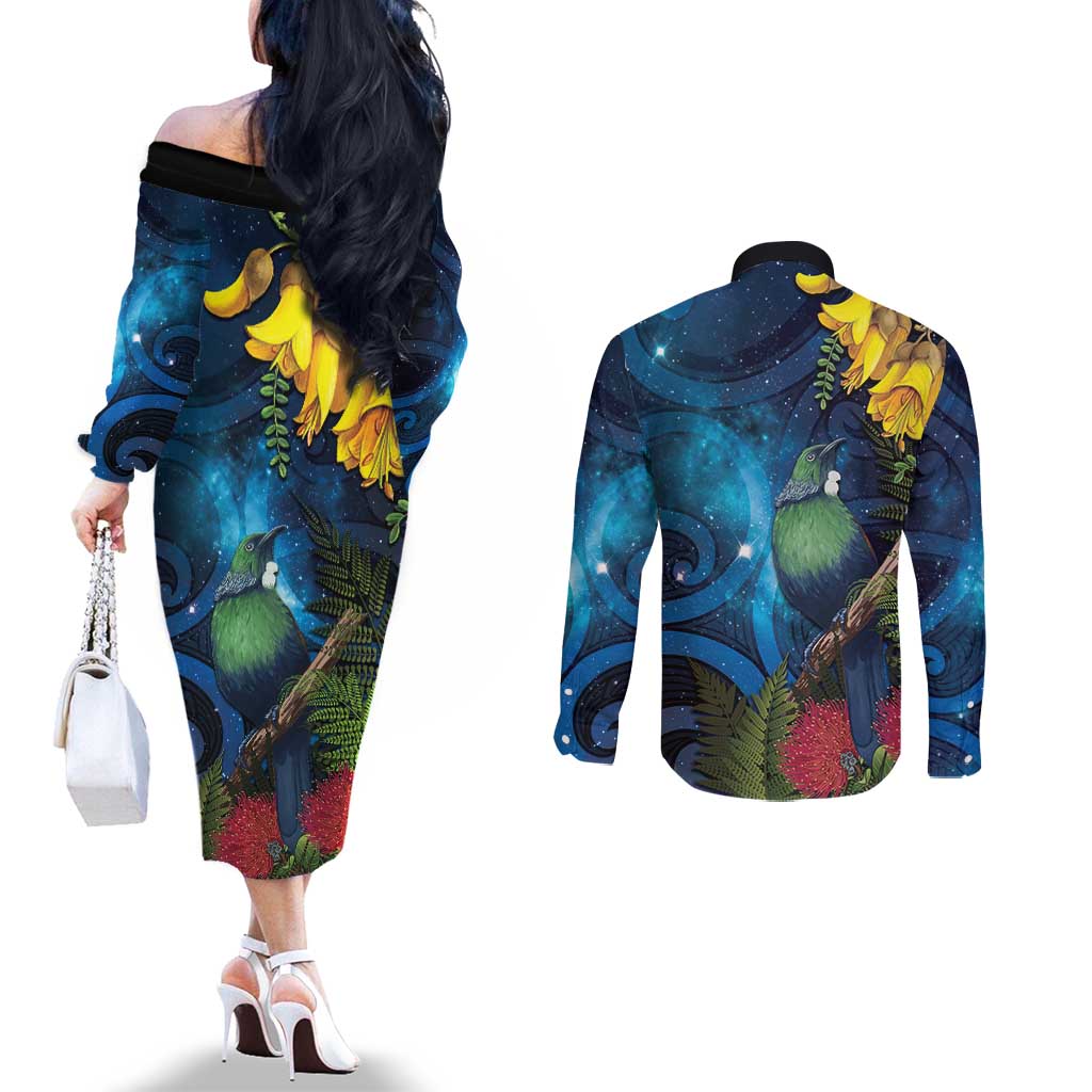 Tui Bird New Zealand Starry Sky Couples Matching Off The Shoulder Long Sleeve Dress and Long Sleeve Button Shirt Maori Koru LT7 - Polynesian Pride