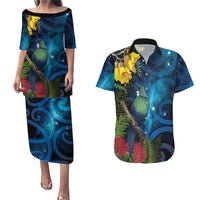 Tui Bird New Zealand Starry Sky Couples Matching Puletasi and Hawaiian Shirt Maori Koru LT7 Galaxy - Polynesian Pride