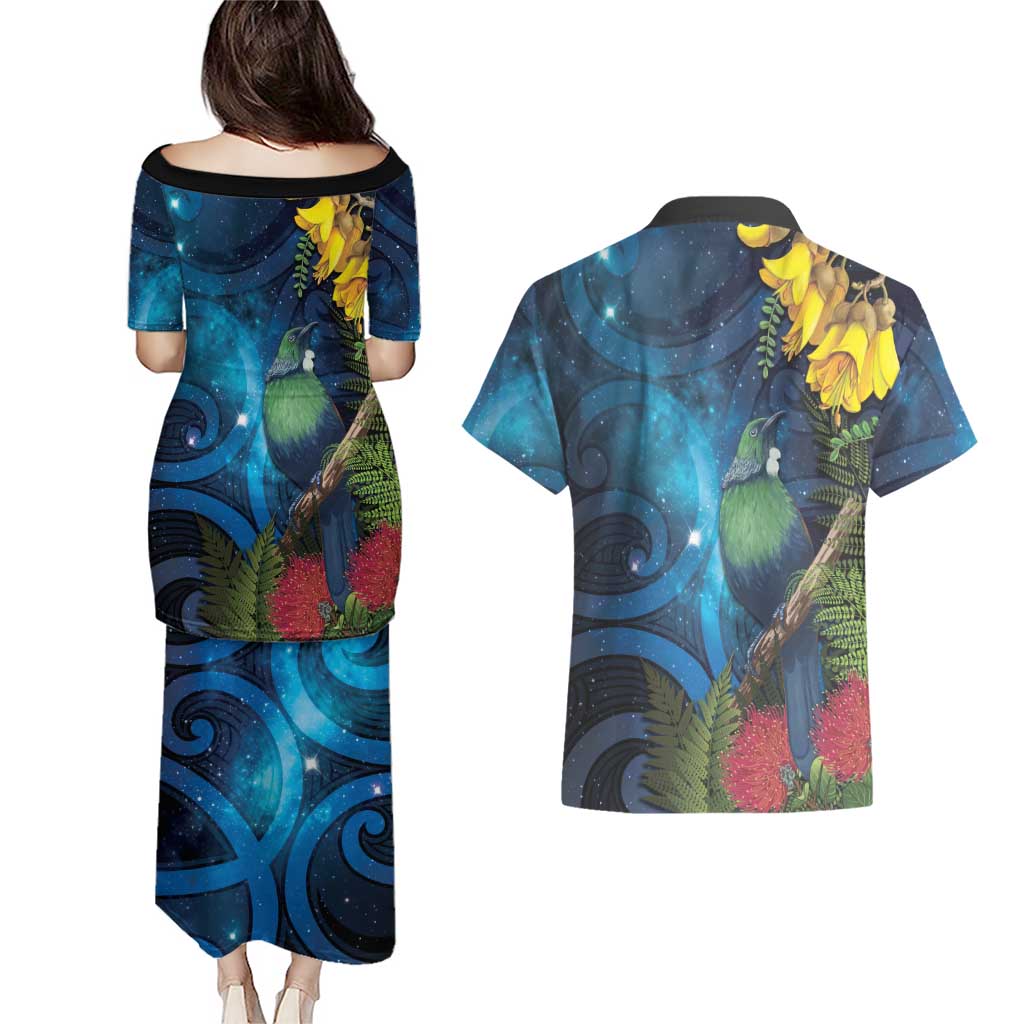 Tui Bird New Zealand Starry Sky Couples Matching Puletasi and Hawaiian Shirt Maori Koru LT7 - Polynesian Pride