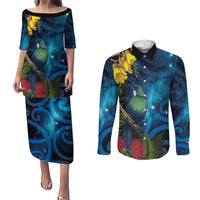 Tui Bird New Zealand Starry Sky Couples Matching Puletasi and Long Sleeve Button Shirt Maori Koru LT7 Galaxy - Polynesian Pride