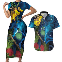 Tui Bird New Zealand Starry Sky Couples Matching Short Sleeve Bodycon Dress and Hawaiian Shirt Maori Koru LT7 Galaxy - Polynesian Pride