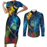 Tui Bird New Zealand Starry Sky Couples Matching Short Sleeve Bodycon Dress and Long Sleeve Button Shirt Maori Koru LT7 Galaxy - Polynesian Pride