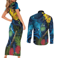 Tui Bird New Zealand Starry Sky Couples Matching Short Sleeve Bodycon Dress and Long Sleeve Button Shirt Maori Koru LT7 - Polynesian Pride