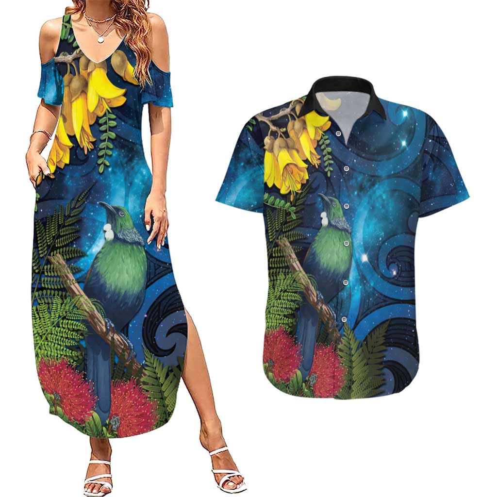 Tui Bird New Zealand Starry Sky Couples Matching Summer Maxi Dress and Hawaiian Shirt Maori Koru LT7 Galaxy - Polynesian Pride