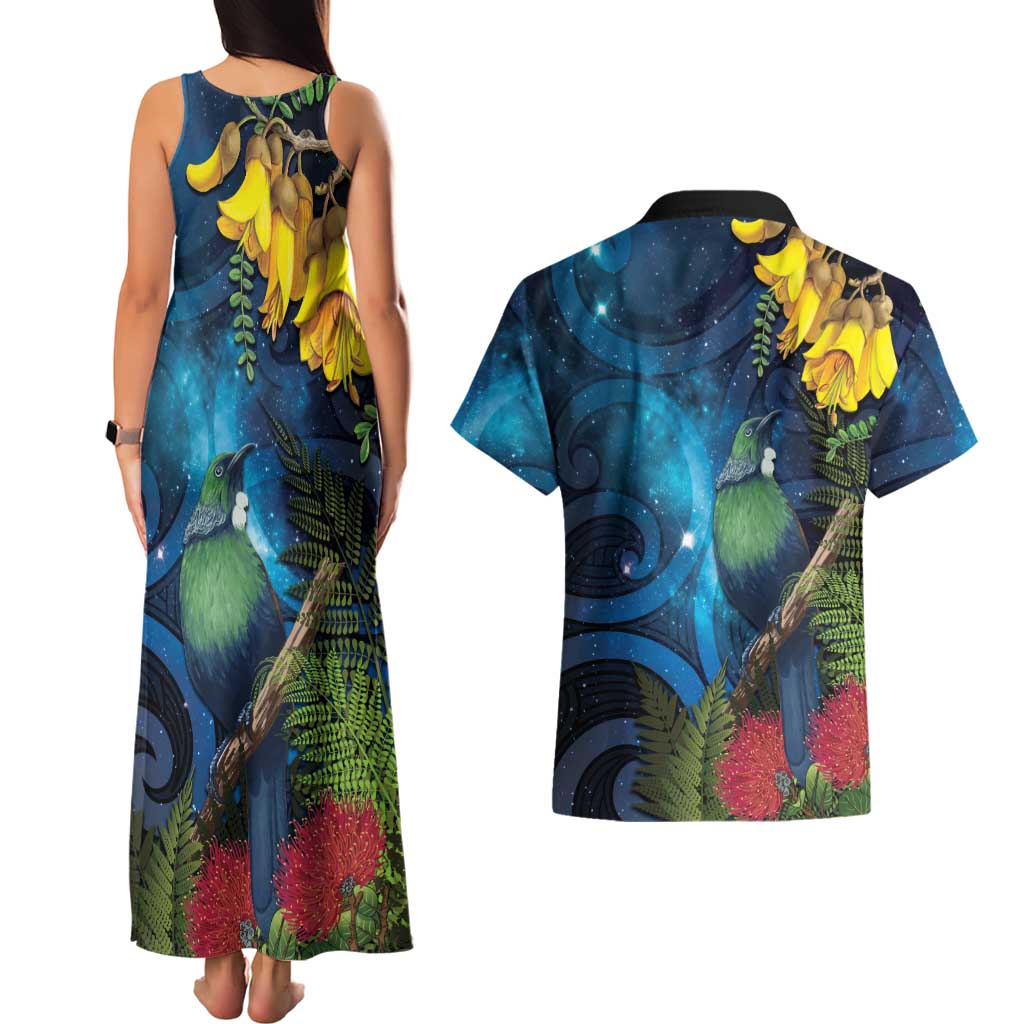 Tui Bird New Zealand Starry Sky Couples Matching Tank Maxi Dress and Hawaiian Shirt Maori Koru LT7 - Polynesian Pride