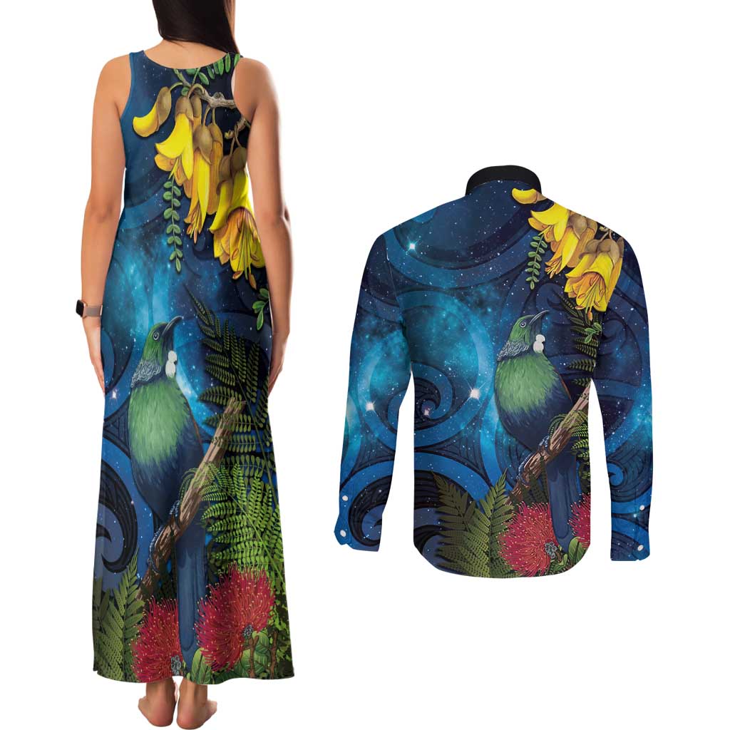 Tui Bird New Zealand Starry Sky Couples Matching Tank Maxi Dress and Long Sleeve Button Shirt Maori Koru LT7 - Polynesian Pride