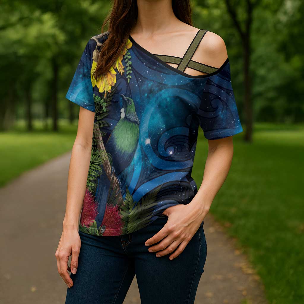 Tui Bird New Zealand Starry Sky Cross Shoulder Shirt Maori Koru