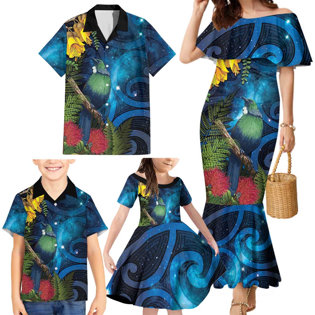 Tui Bird New Zealand Starry Sky Family Matching Mermaid Dress and Hawaiian Shirt Maori Koru LT7 - Polynesian Pride