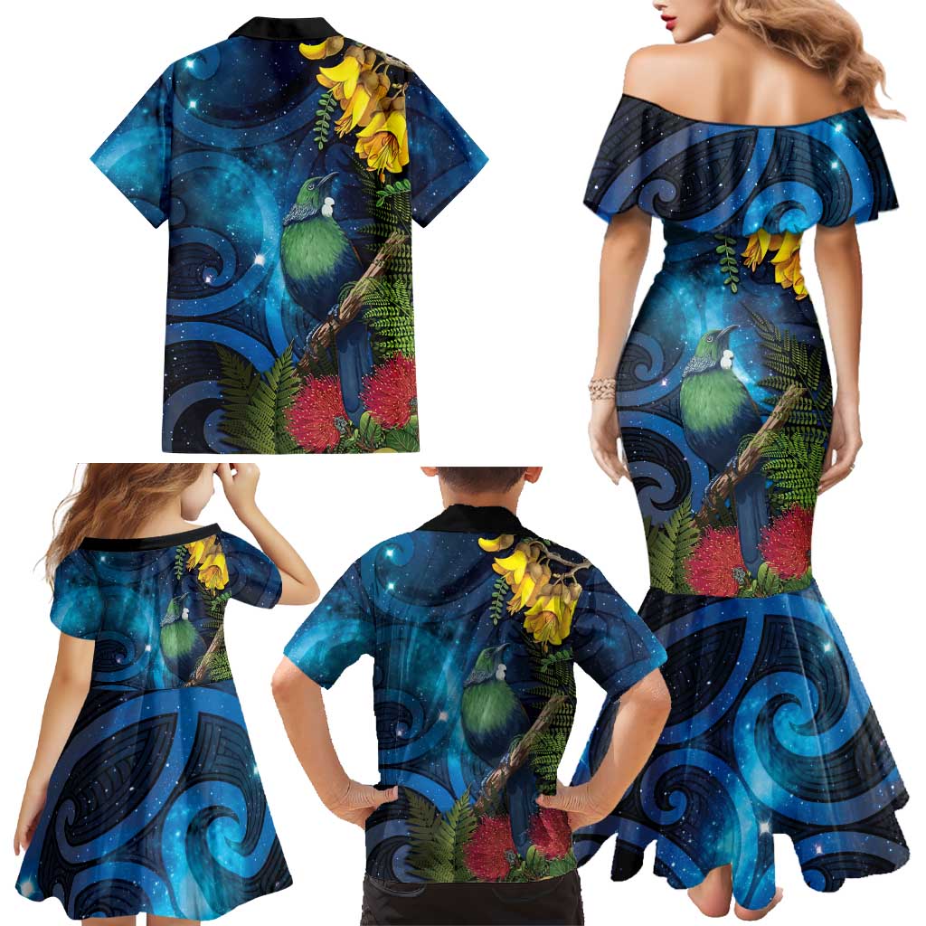 Tui Bird New Zealand Starry Sky Family Matching Mermaid Dress and Hawaiian Shirt Maori Koru LT7 - Polynesian Pride