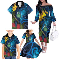 Tui Bird New Zealand Starry Sky Family Matching Off The Shoulder Long Sleeve Dress and Hawaiian Shirt Maori Koru LT7 - Polynesian Pride