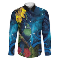 Tui Bird New Zealand Starry Sky Family Matching Off The Shoulder Long Sleeve Dress and Hawaiian Shirt Maori Koru LT7 Dad's Shirt - Long Sleeve Galaxy - Polynesian Pride
