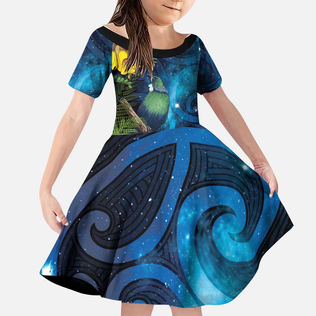 Tui Bird New Zealand Starry Sky Family Matching Off Shoulder Maxi Dress and Hawaiian Shirt Maori Koru LT7 Daughter's Dress Galaxy - Polynesian Pride