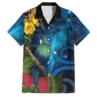 Tui Bird New Zealand Starry Sky Family Matching Off Shoulder Short Dress and Hawaiian Shirt Maori Koru LT7 Dad's Shirt - Short Sleeve Galaxy - Polynesian Pride
