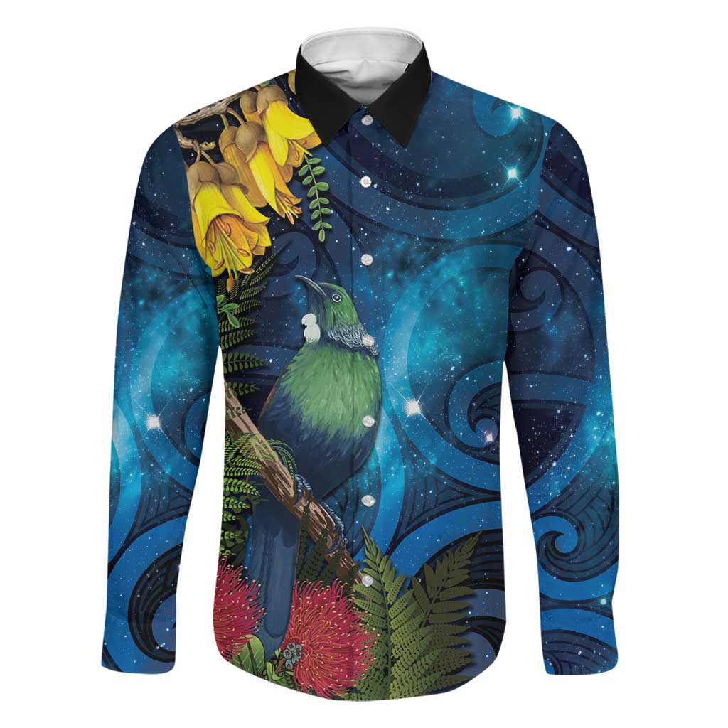 Tui Bird New Zealand Starry Sky Family Matching Off Shoulder Short Dress and Hawaiian Shirt Maori Koru LT7 Dad's Shirt - Long Sleeve Galaxy - Polynesian Pride