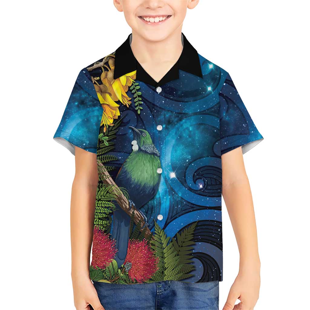 Tui Bird New Zealand Starry Sky Family Matching Short Sleeve Bodycon Dress and Hawaiian Shirt Maori Koru LT7 Son's Shirt Galaxy - Polynesian Pride