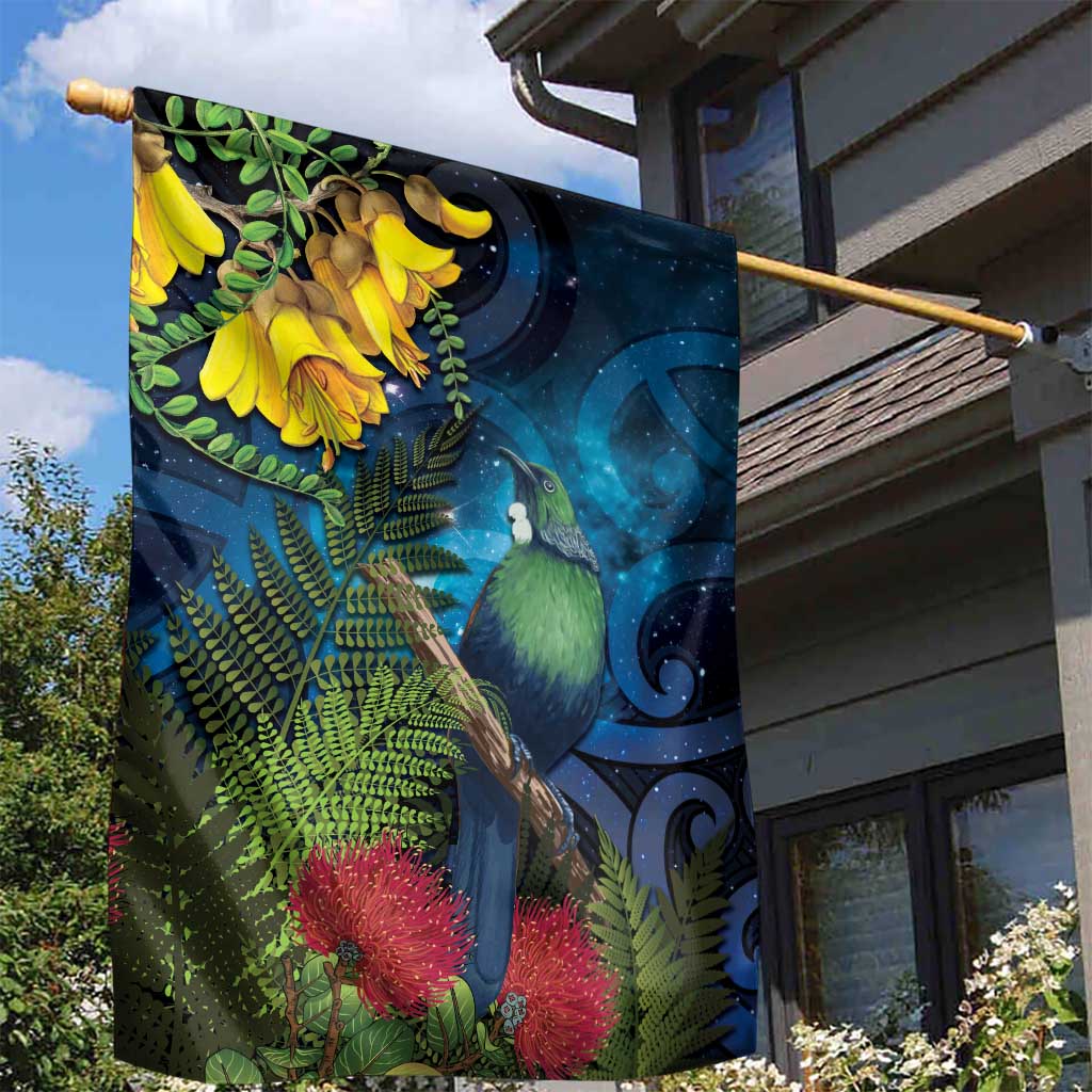 Tui Bird New Zealand Starry Sky Garden Flag Maori Koru