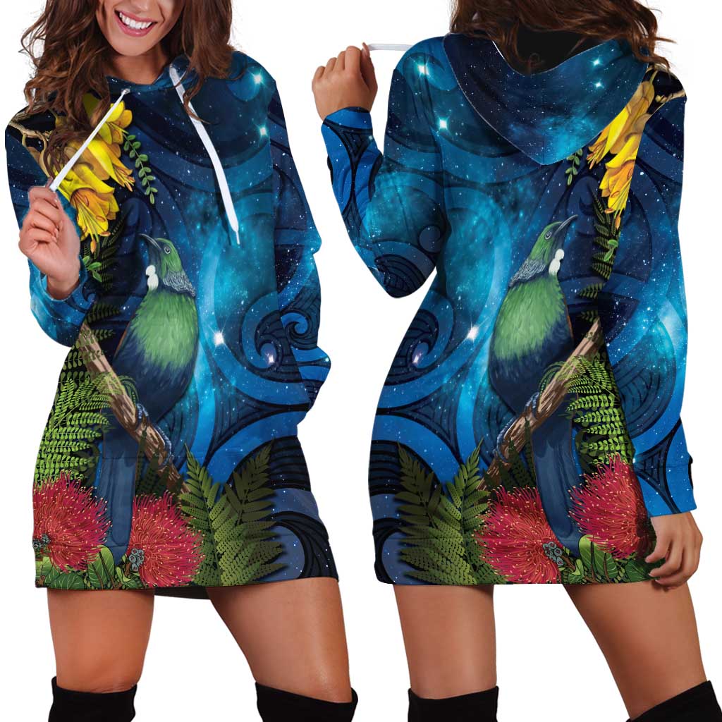 Tui Bird New Zealand Starry Sky Hoodie Dress Maori Koru LT7 - Polynesian Pride