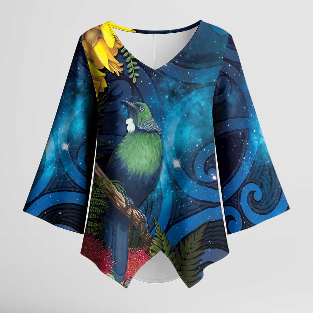 Tui Bird New Zealand Starry Sky Kimono Sleeve Blouse Maori Koru LT7 Female Galaxy - Polynesian Pride