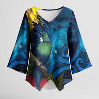 Tui Bird New Zealand Starry Sky Kimono Sleeve Blouse Maori Koru LT7 Female Galaxy - Polynesian Pride