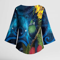 Tui Bird New Zealand Starry Sky Kimono Sleeve Blouse Maori Koru LT7 - Polynesian Pride
