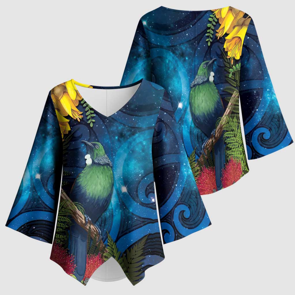 Tui Bird New Zealand Starry Sky Kimono Sleeve Blouse Maori Koru LT7 - Polynesian Pride