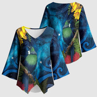 Tui Bird New Zealand Starry Sky Kimono Sleeve Blouse Maori Koru LT7 - Polynesian Pride