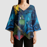 Tui Bird New Zealand Starry Sky Kimono Sleeve Blouse Maori Koru LT7 - Polynesian Pride