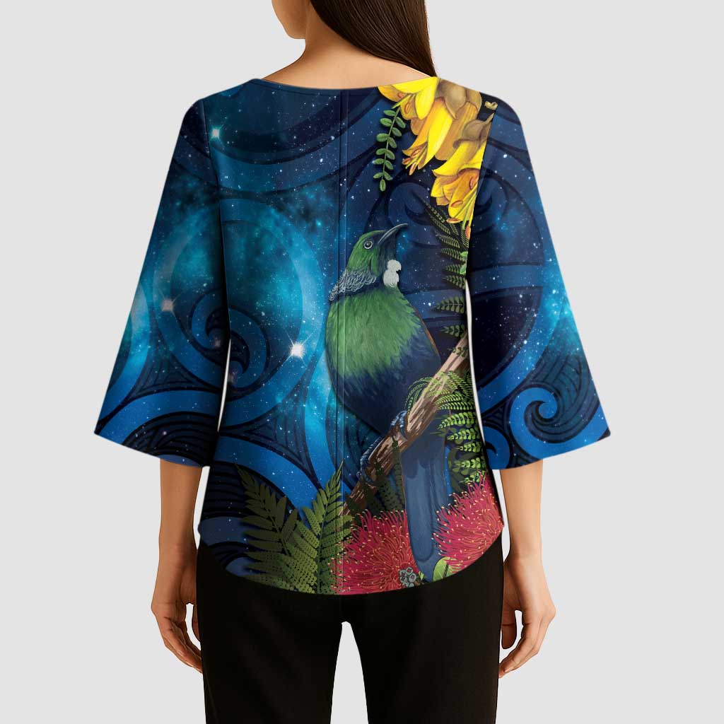 Tui Bird New Zealand Starry Sky Kimono Sleeve Blouse Maori Koru LT7 - Polynesian Pride