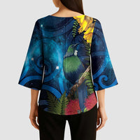 Tui Bird New Zealand Starry Sky Kimono Sleeve Blouse Maori Koru LT7 - Polynesian Pride