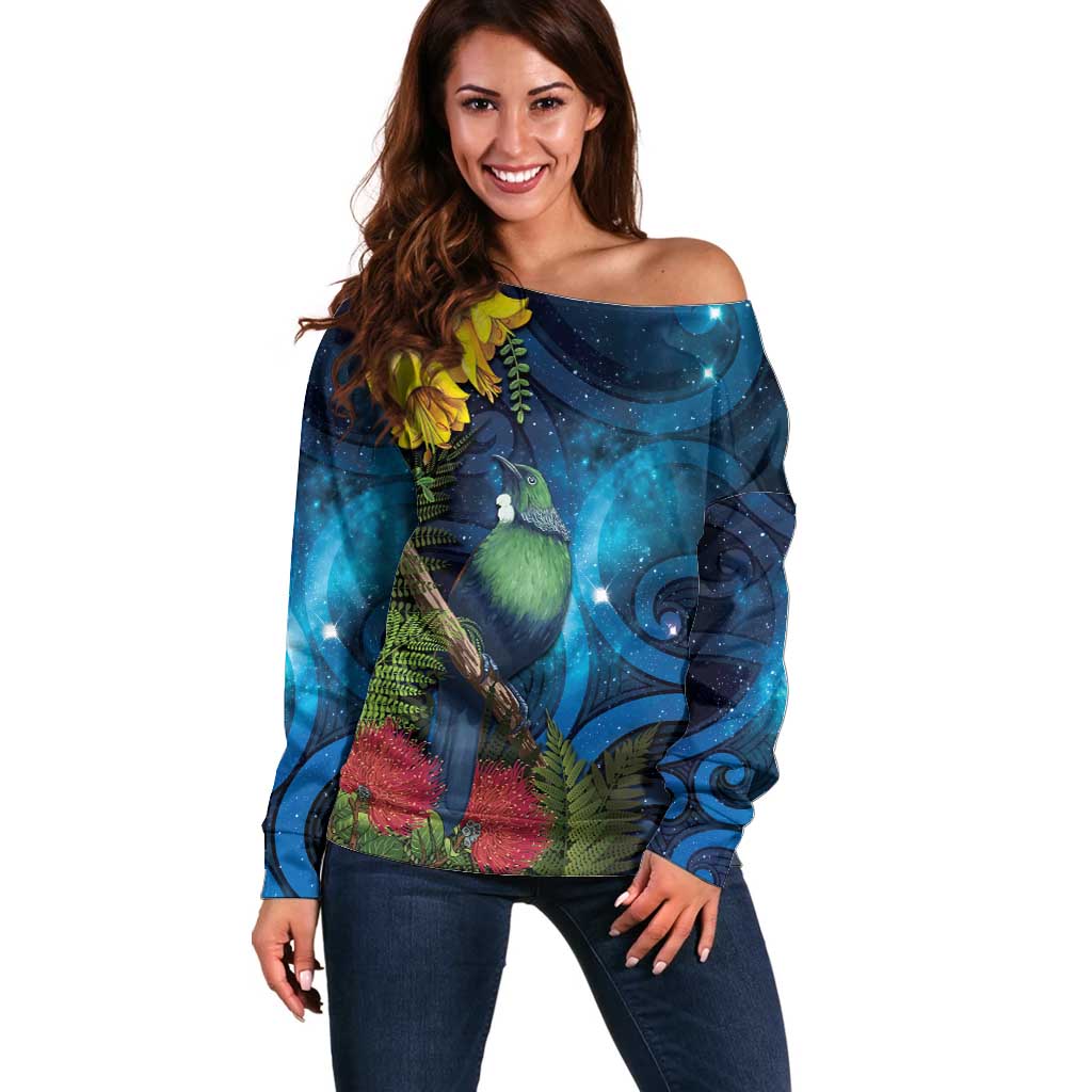 Tui Bird New Zealand Starry Sky Off Shoulder Sweater Maori Koru
