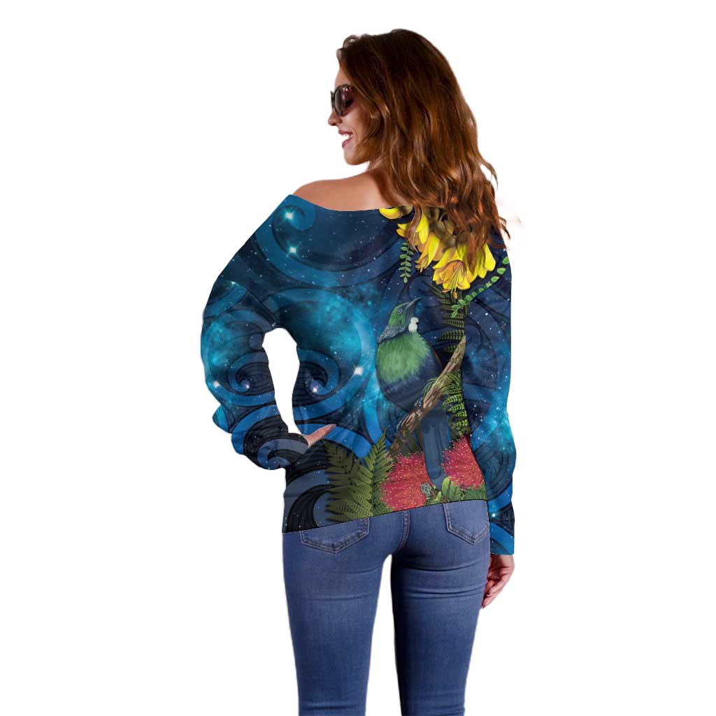 Tui Bird New Zealand Starry Sky Off Shoulder Sweater Maori Koru