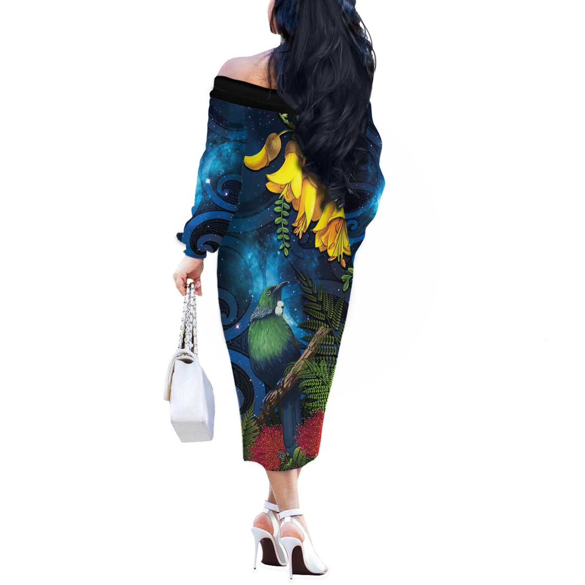 Tui Bird New Zealand Starry Sky Off The Shoulder Long Sleeve Dress Maori Koru LT7 - Polynesian Pride