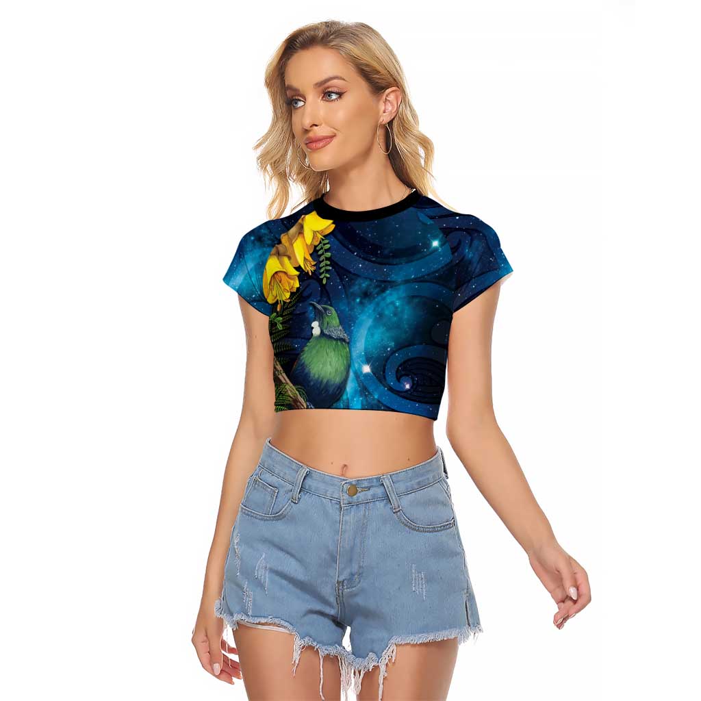 Tui Bird New Zealand Starry Sky Raglan Cropped T Shirt Maori Koru