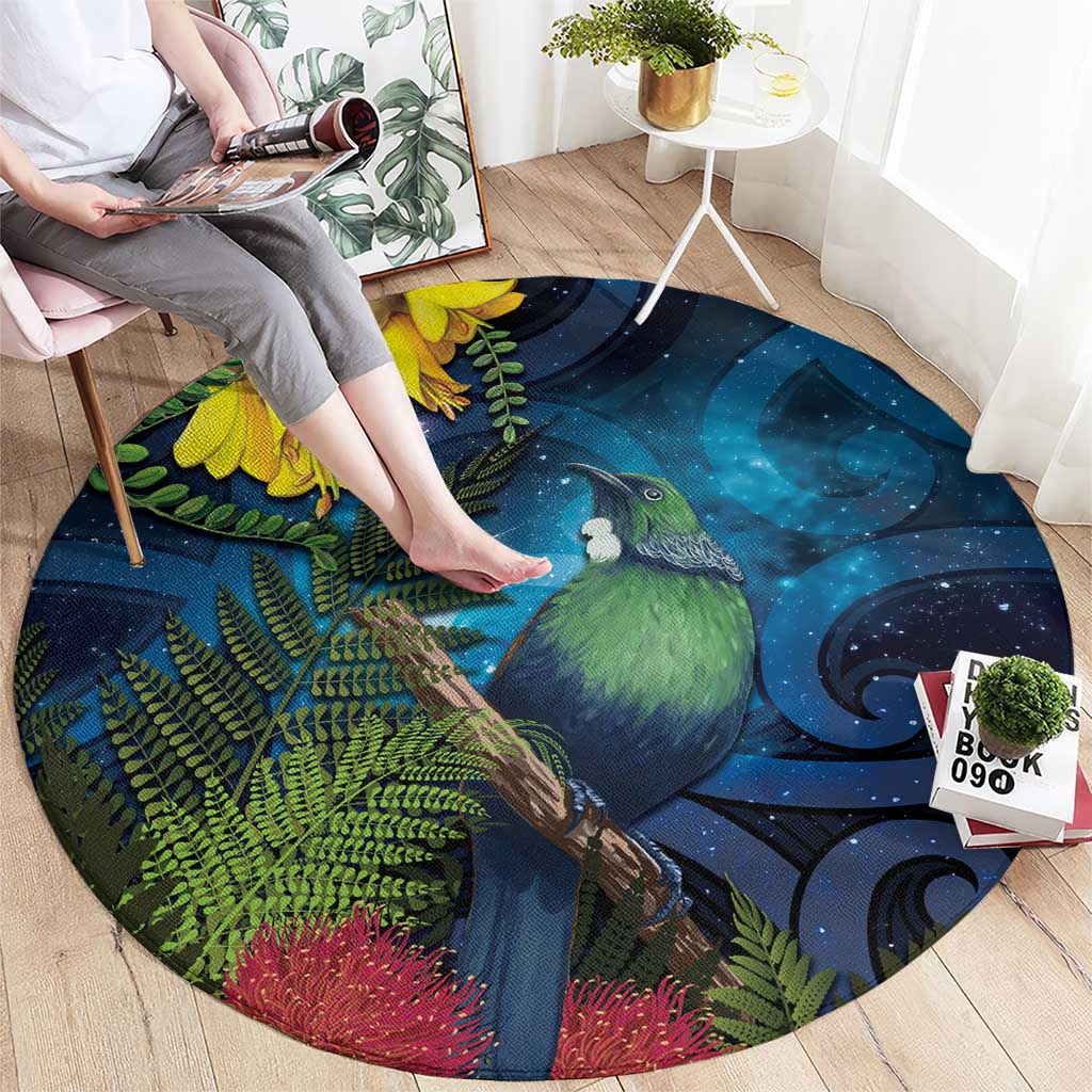Tui Bird New Zealand Starry Sky Round Carpet Maori Koru