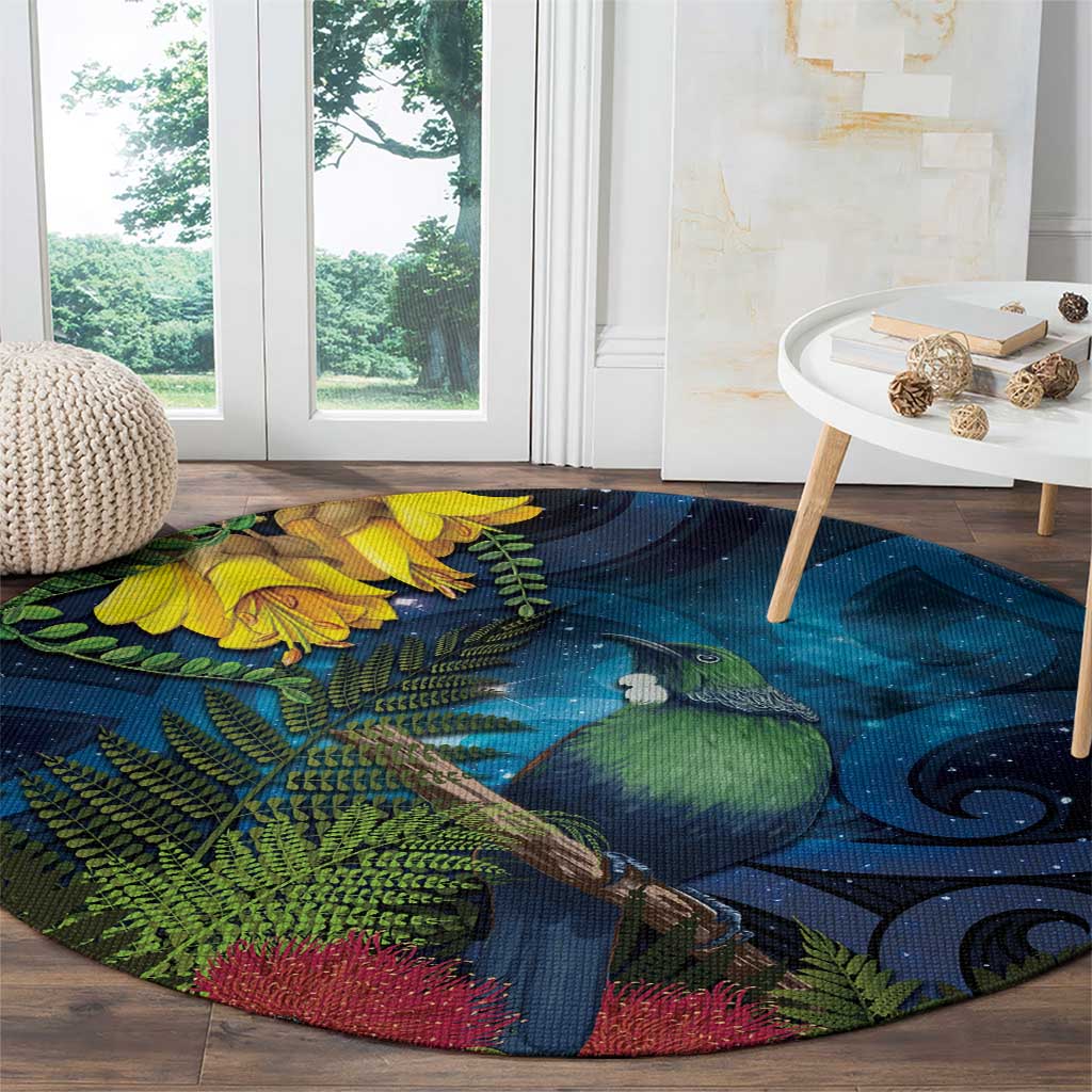 Tui Bird New Zealand Starry Sky Round Carpet Maori Koru