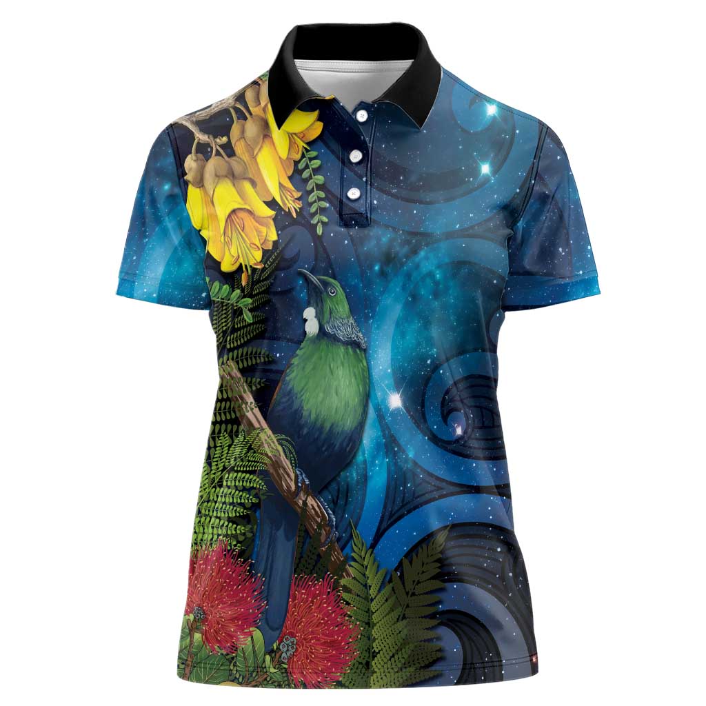 Tui Bird New Zealand Starry Sky Women Polo Shirt Maori Koru LT7 Female Galaxy - Polynesian Pride