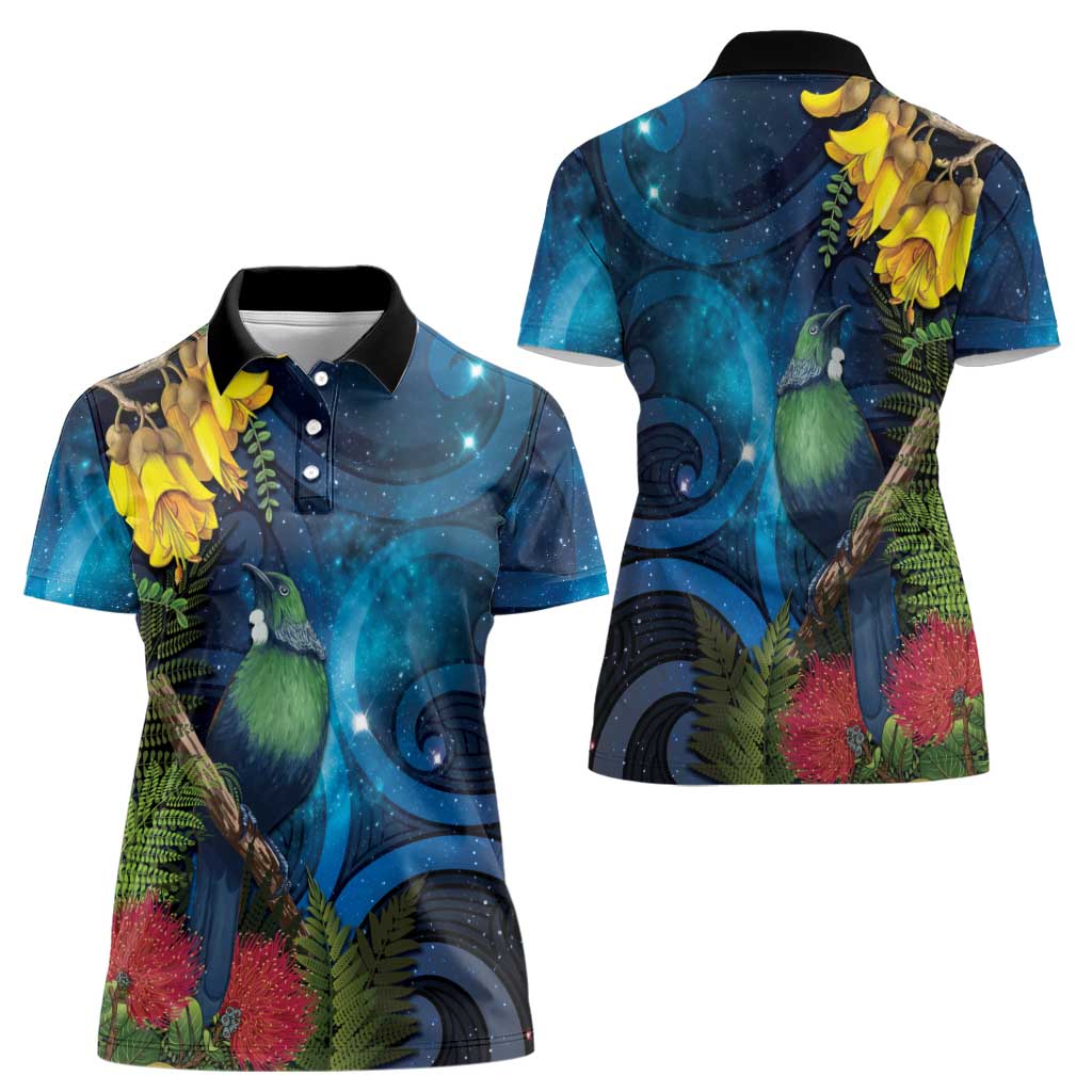 Tui Bird New Zealand Starry Sky Women Polo Shirt Maori Koru LT7 - Polynesian Pride